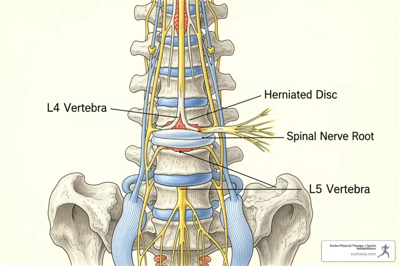 Anatomía de hernia discal L4-L5. La magnetoterapia puede ayudar a aliviar la presión sobre la raíz nerviosa.