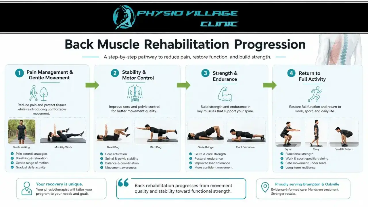 Progresión de rehabilitación de espalda: manejo del dolor, control motor, fuerza y vuelta a la actividad. Ideal para contracturas espalda.