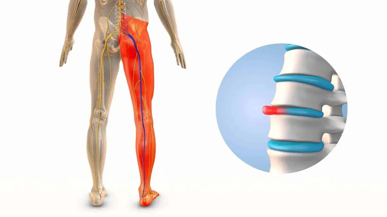 Anatom&iacute;a de la pierna con nervios resaltados en rojo, indicando pinchazos en la pierna como alfileres. Detalle de una v&eacute;rtebra comprimida.