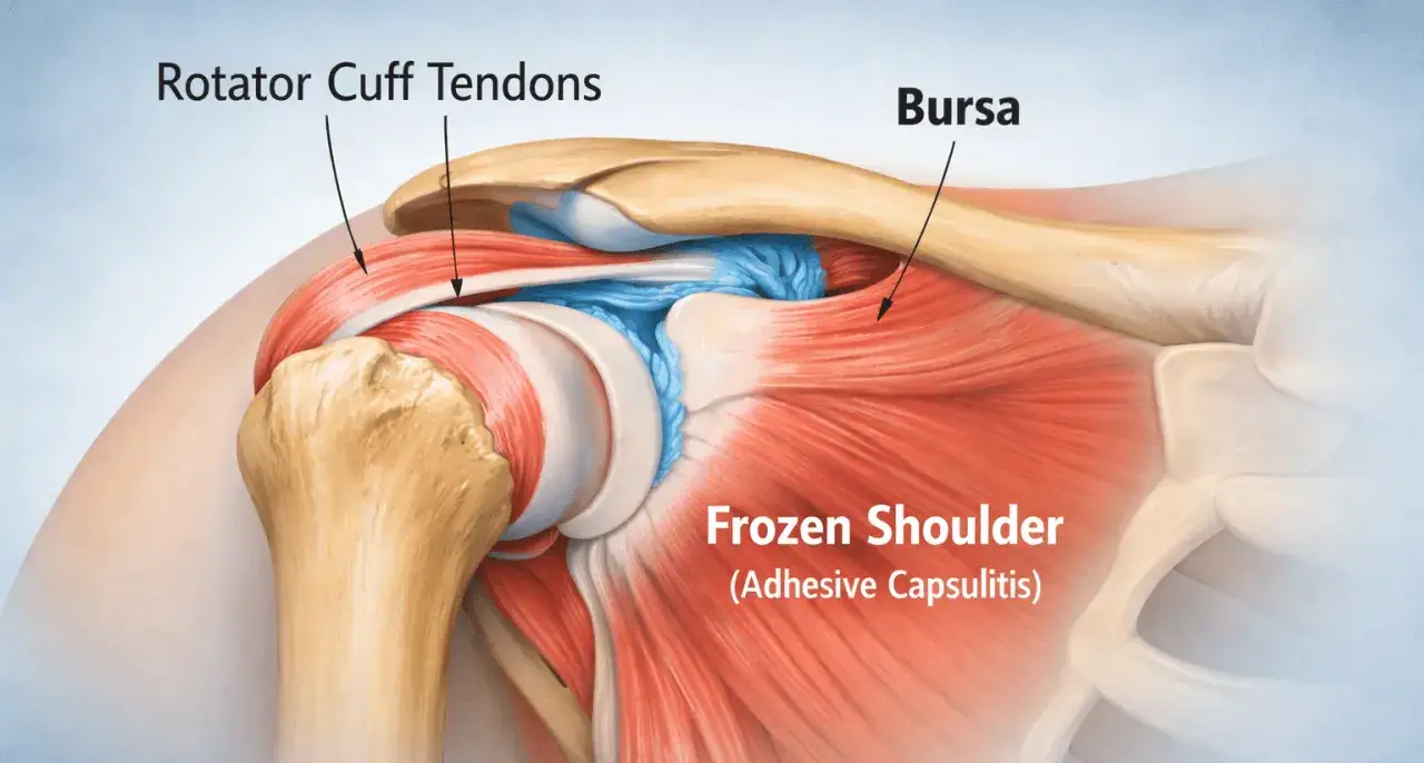 Anatom&iacute;a del hombro mostrando tendones del manguito rotador y bursa. El dolor deltoides puede ser un s&iacute;ntoma de hombro congelado.