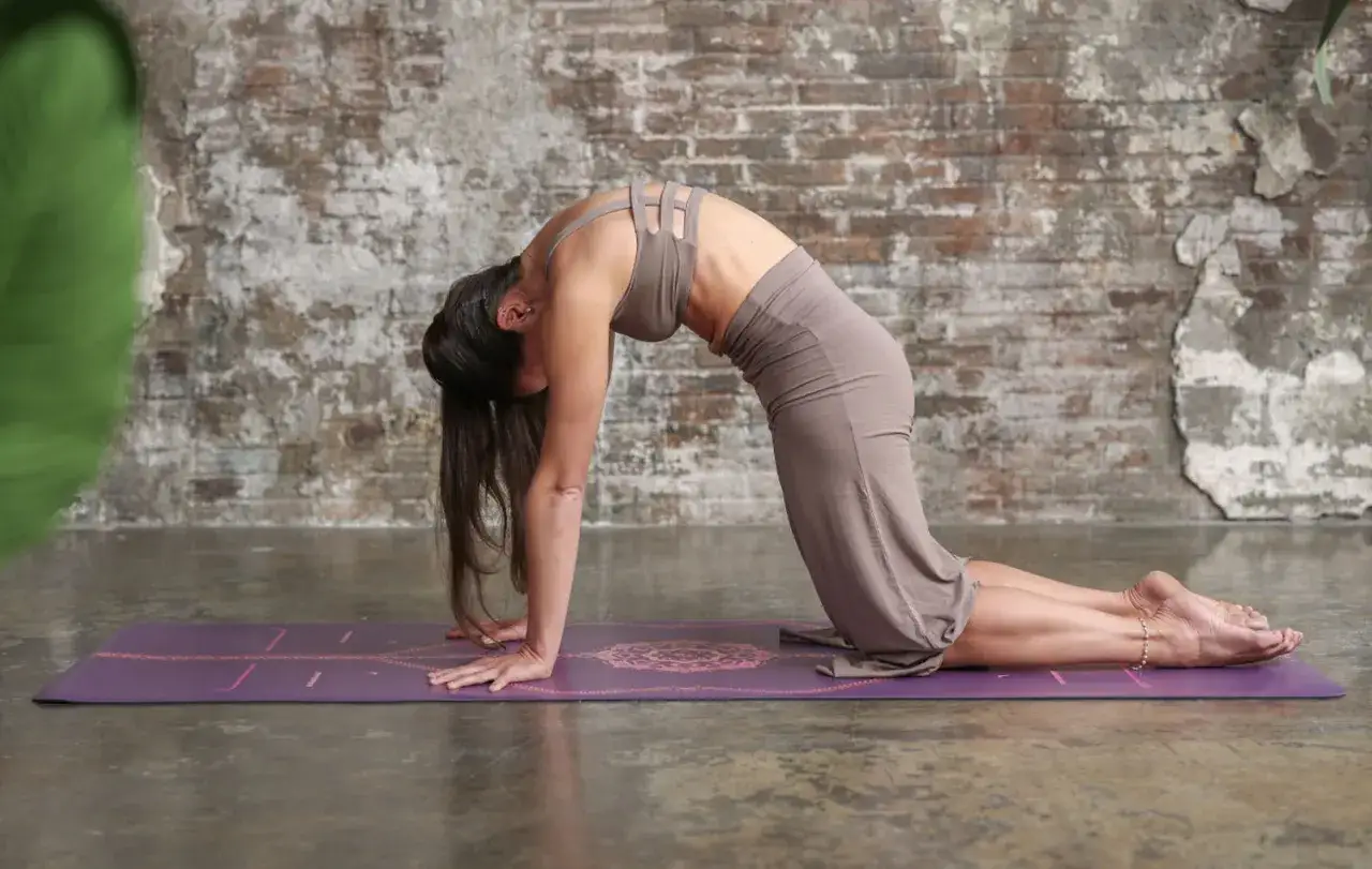 Mujer en postura de gato en una esterilla de yoga. El yoga es un deporte que mejora la flexibilidad y el equilibrio.