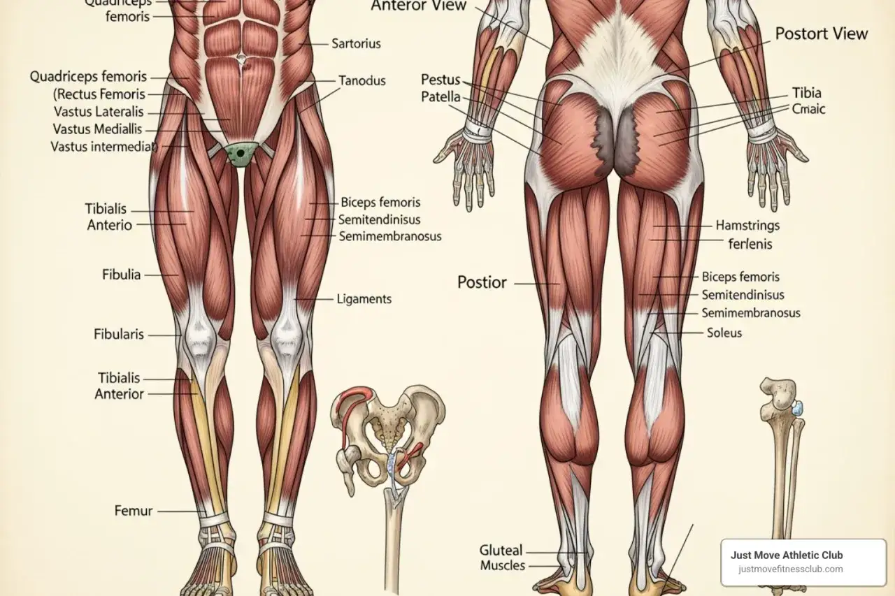 Anatomía detallada de los músculos de la pierna, ideal para quienes entrenan en el gym. Muestra vista anterior y posterior, con etiquetas de cuádriceps, isquiotibiales y glúteos.