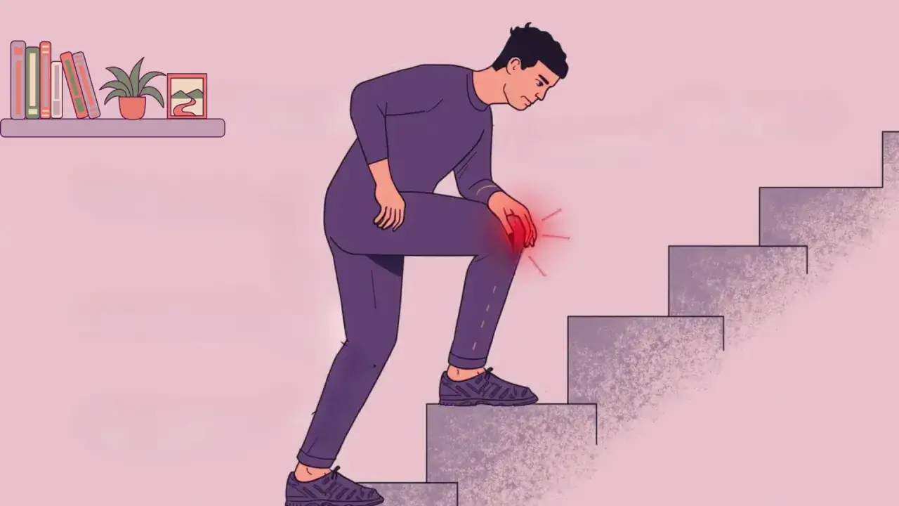Hombre con dolor rodilla al subir escaleras. La rodilla derecha est&aacute; en rojo, indicando molestia.