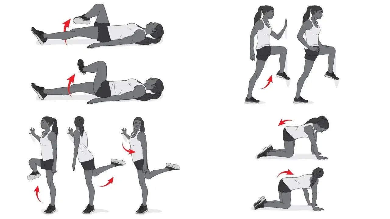 Ejercicios para aliviar el dolor lumbar al correr: estiramientos de piernas y ejercicios en cuadrupedia.