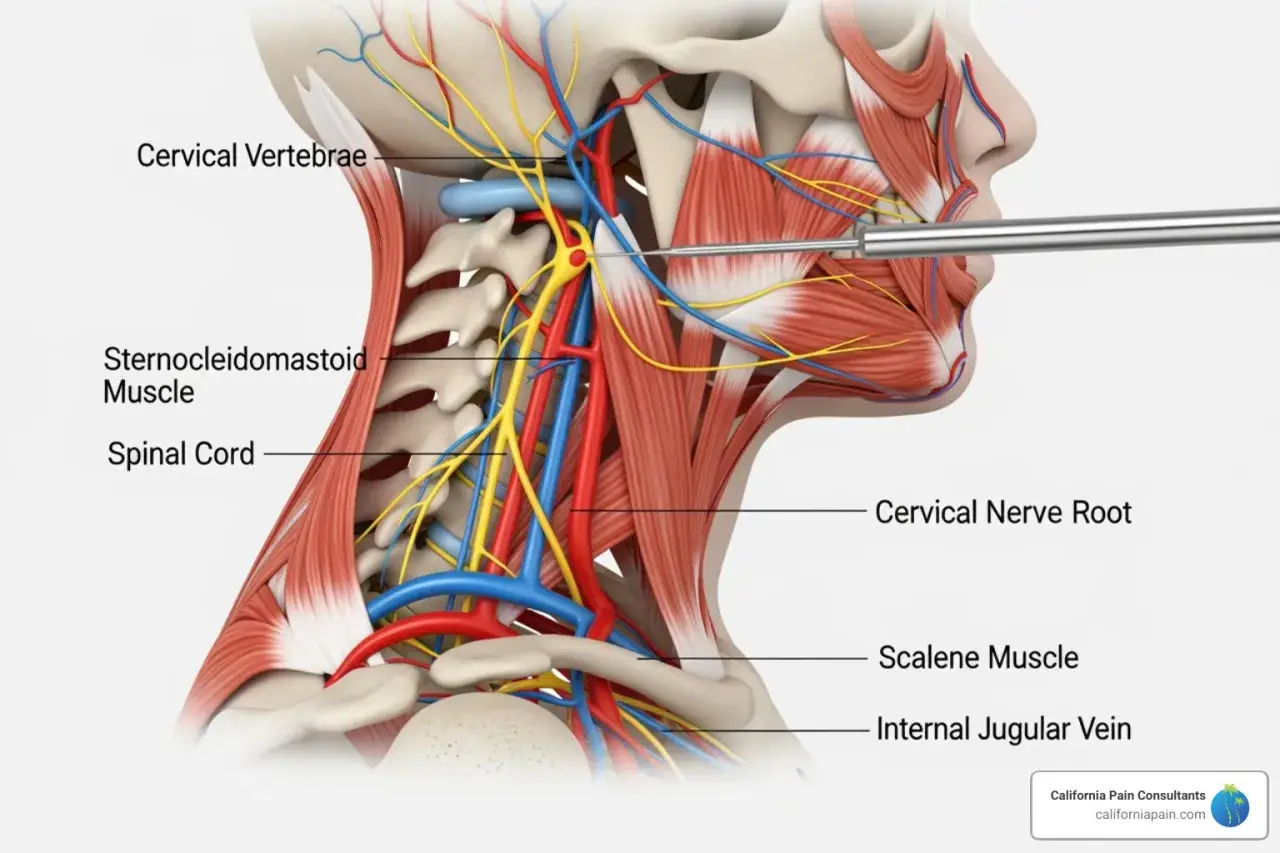 Anatomía del cuello mostrando vértebras cervicales, médula espinal y nervios. Puede ayudar a entender los síntomas cervicales.