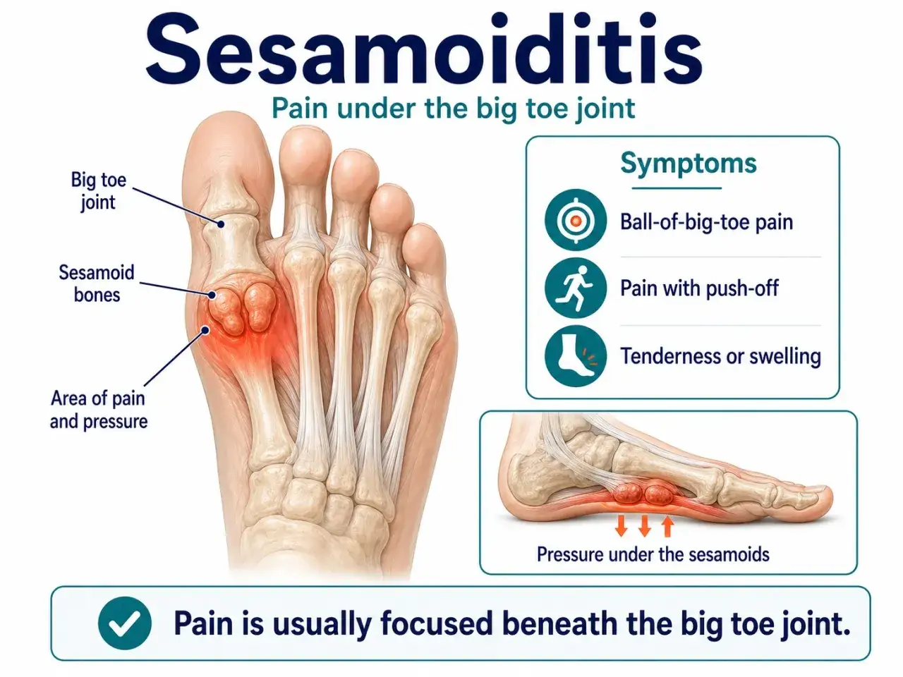 Anatomía del pie mostrando sesamoiditis, dolor bajo la articulación del dedo gordo. El tratamiento se enfoca en aliviar la presión bajo los huesos sesamoideos.