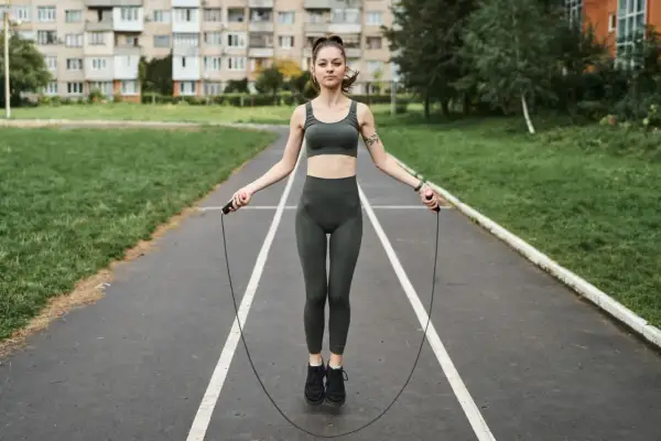 Joven atlética salta la cuerda en una pista de atletismo, con edificios residenciales al fondo.