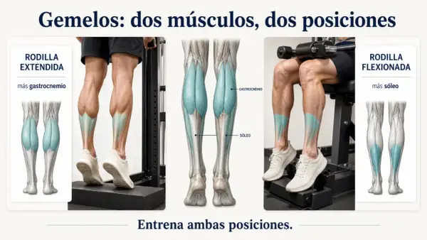 Ilustración de gemelos y sóleo en diferentes posiciones para ejercicios.