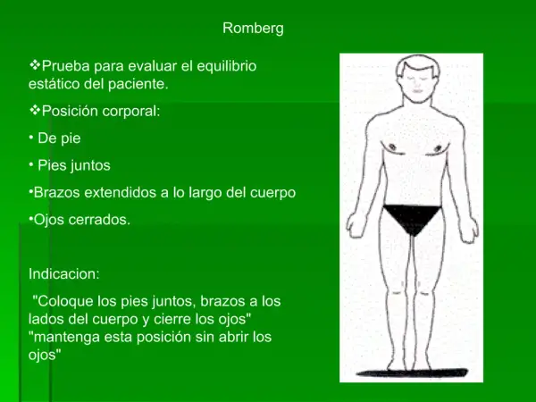 Ilustración de la prueba Romberg: paciente de pie, pies juntos, brazos a los lados y ojos cerrados para evaluar equilibrio.
