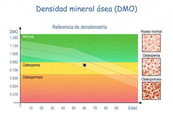 Gráfico de densitometría ósea que muestra la relación entre DMO y edad, con zonas de normalidad, osteopenia y osteoporosis.