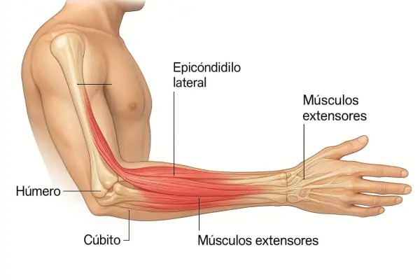 Anatomía del antebrazo izquierdo, mostrando el húmero, cúbito, epicóndilo lateral y músculos extensores. Podría indicar la causa del dolor antebrazo izquierdo.
