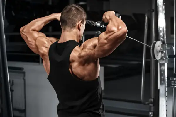 Hombre musculoso entrenando el deltoides posterior con polea.
