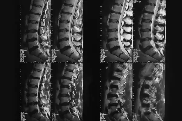 Imágenes de resonancia magnética de la rm columna dorsal, mostrando vértebras y discos intervertebrales.