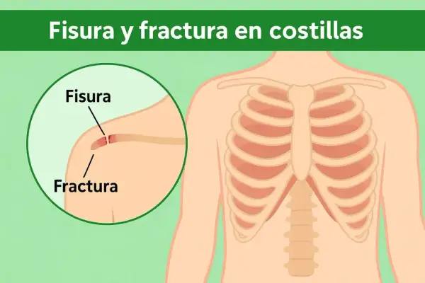 Ilustración muestra una costilla rota, con un primer plano de una fisura y una fractura en una costilla.