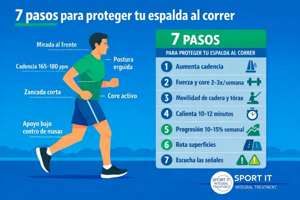 Corredor con postura erguida, zancada corta y core activo para evitar el dolor lumbar al correr. Sigue 7 pasos para proteger tu espalda.