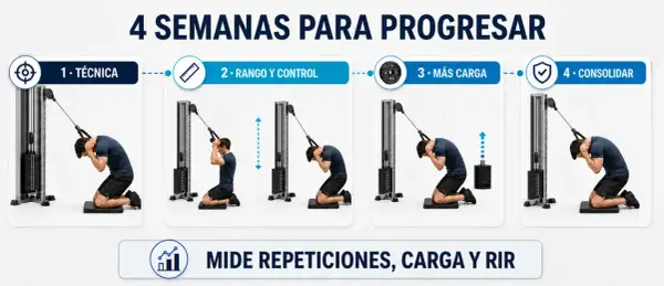 Progresión de 4 semanas para abdominales superiores con polea: técnica, rango, carga y consolidación. Mide repeticiones, carga y RIR.