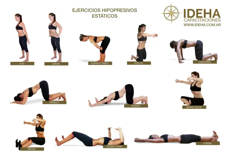 Secuencia de ejercicios hipopresivos estáticos: posturas como Alba, Aurora, Flexión de Tronco, Rodillas, Cuadrupedia, Triángulo, Oblación, Sentado Sastre, Sentado, Decúbito Supino y Supremo.